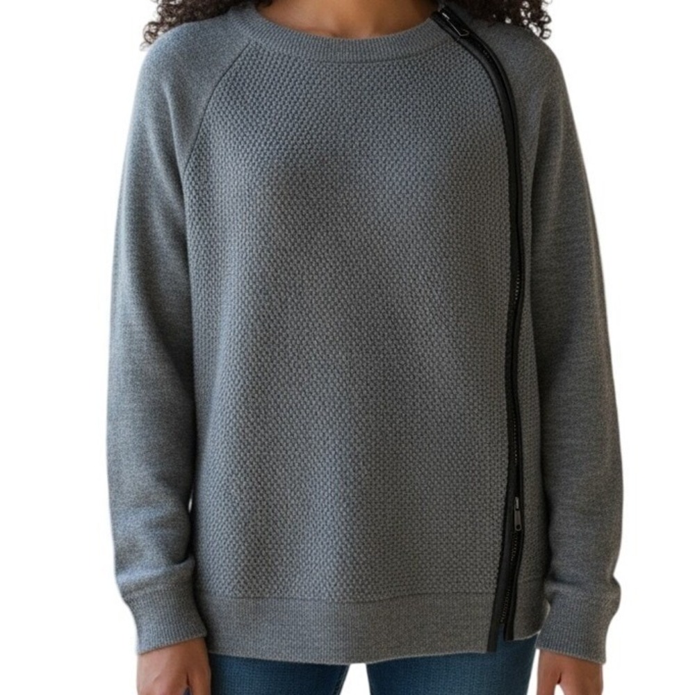 VINCE Gray Wool Waffle Knit Crew Neck‎ Sweater Leather Detail Zipper Size S